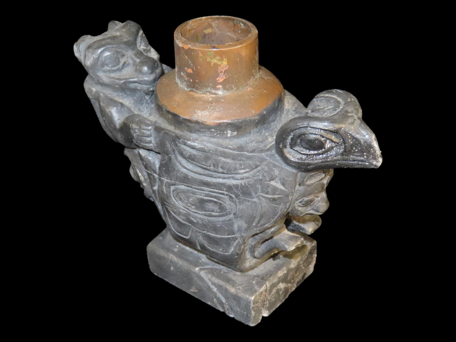 4 3/8" x 5" Early Hiada Candle Stick Holder, Eastern Canada, Broken and Reglued at the base: 4 3/8" x 5" Early Hiada Candle Stick Holder, Eastern Canada, Broken and Reglued at the base