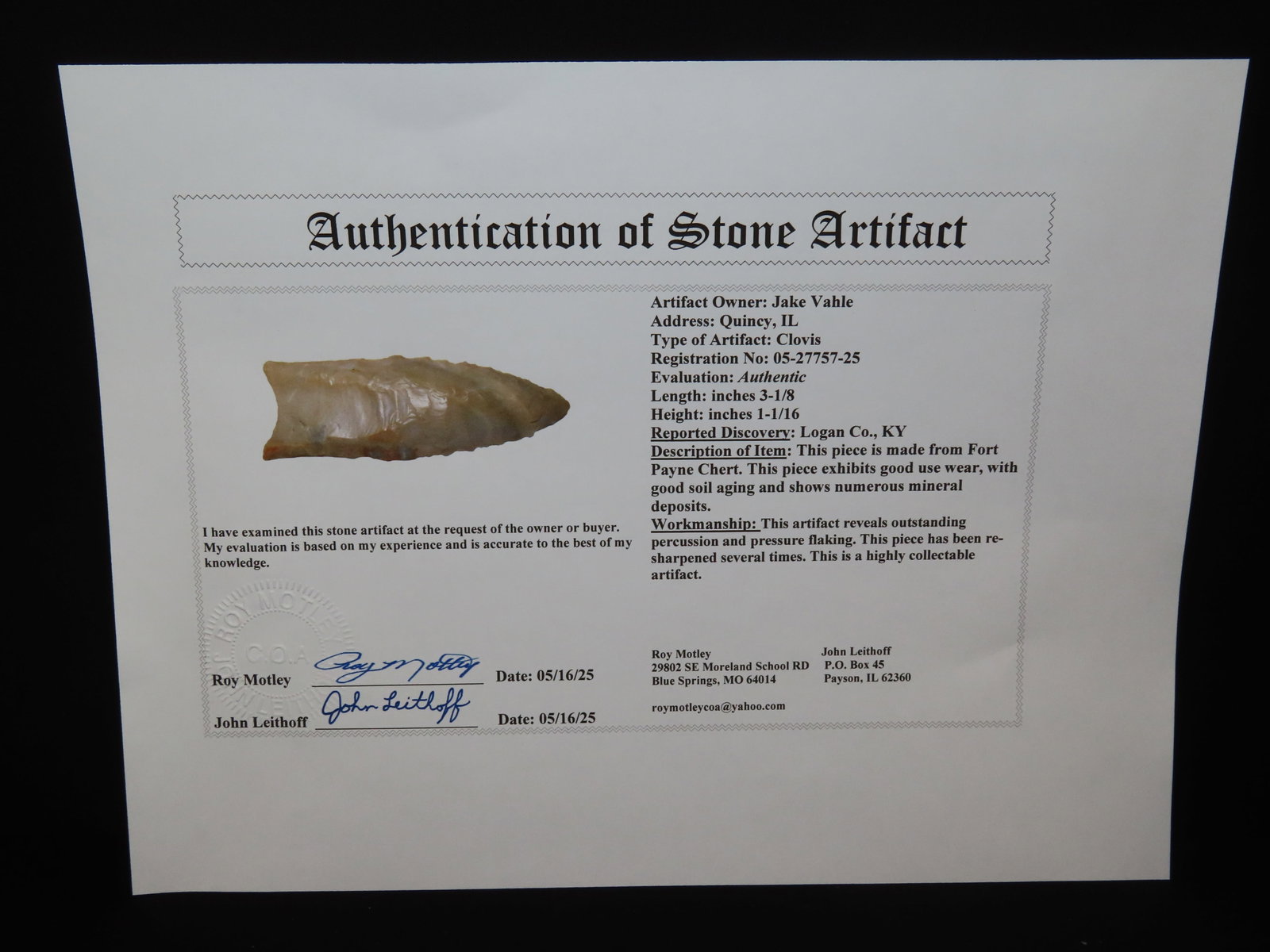 3 1/8" x 1 1/16" Gainey or Gainey Clovis, Ste. Genevieve Chert, Kentucky, Dickey COA & Motley / - 11