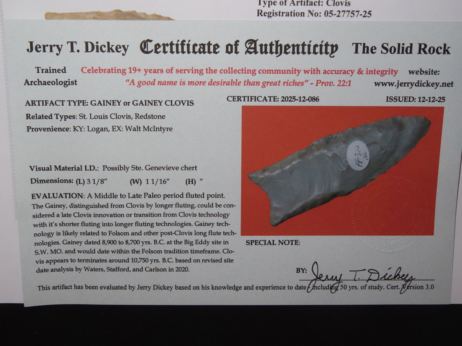3 1/8" x 1 1/16" Gainey or Gainey Clovis, Ste. Genevieve Chert, Kentucky, Dickey COA & Motley / - 12