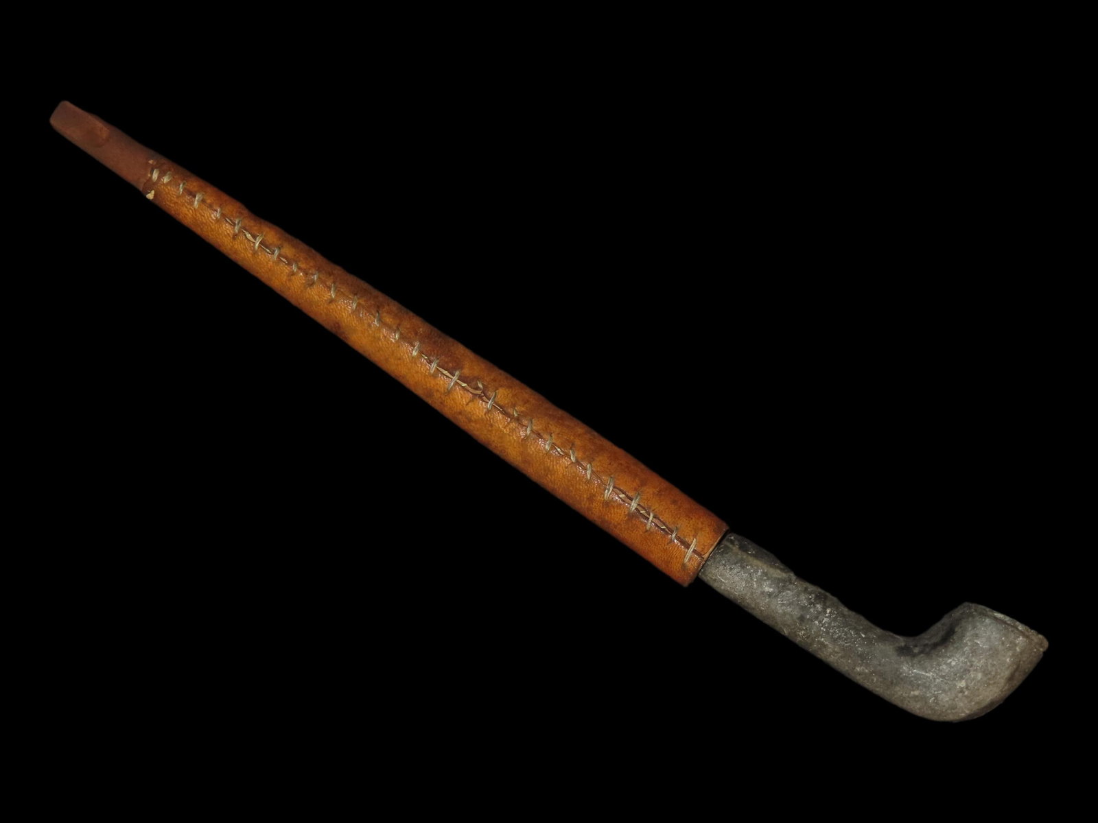 11 1/2" x 1 3/8" Peace Pipe, Steatite Pipe with a Wood Stem with Leather Wrapping, Eastern (1 of 17)