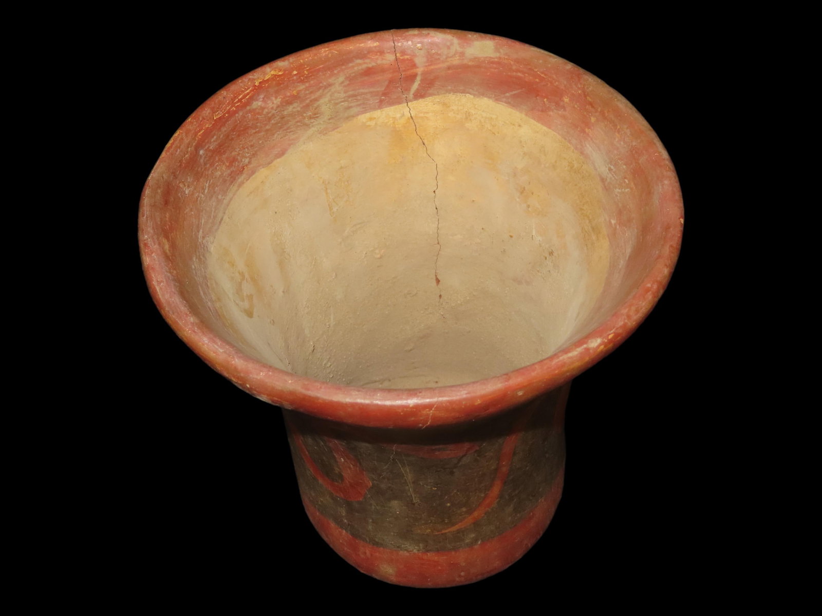 6" x 6 3/8" Pre-Columbian Tuza Nari?o Cylinder, Painted Snake Design, 800 to 1500 CE, Pressure Crack: 6" x 6 3/8" Pre-Columbian Tuza Nari?o Cylinder, Painted Snake Design, 800 to 1500 CE, Pressure Crack
