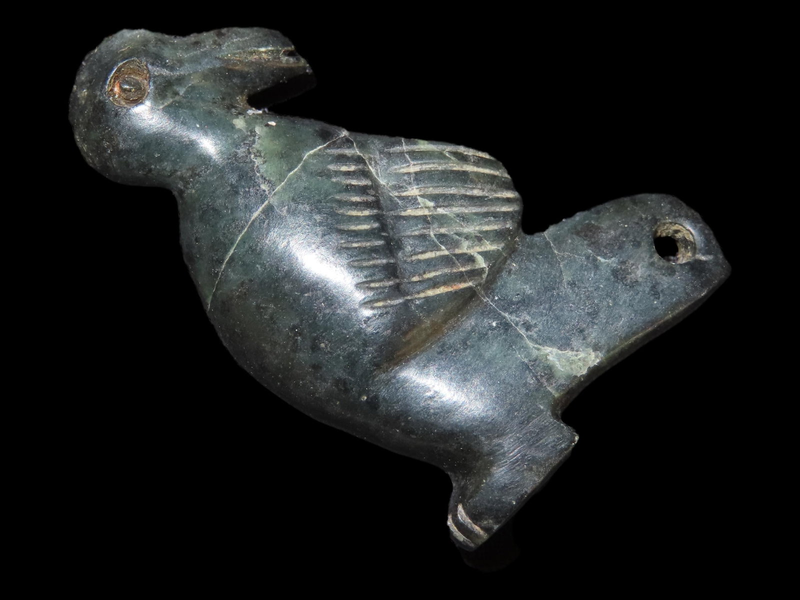 1 15/16" x 1 1/4" Pre-Columbian Sleeping Bird Effigy Pendant, Dark Green Jadeite, Belize, Motley & (1 of 12)