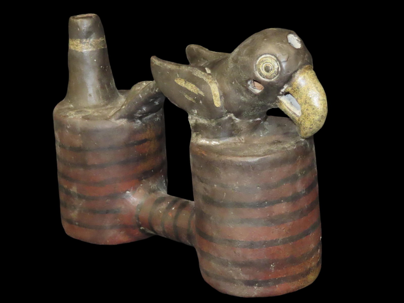 9 1/2" Pre-Columbian Stirrup Whistle Bottle, Peru (1 of 14)
