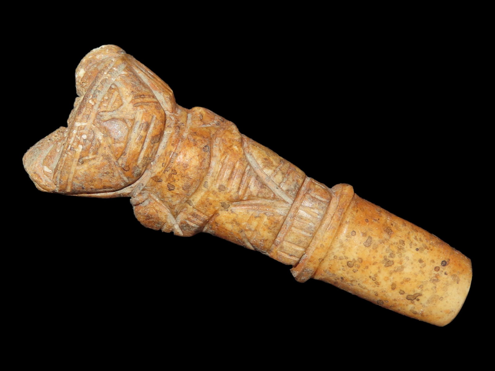 1" x 2 7/8" Human Effigy Scepter, Bone, South America, Motley & Leithoff COA: 1" x 2 7/8" Human Effigy Scepter, Bone, South America, Motley & Leithoff COA