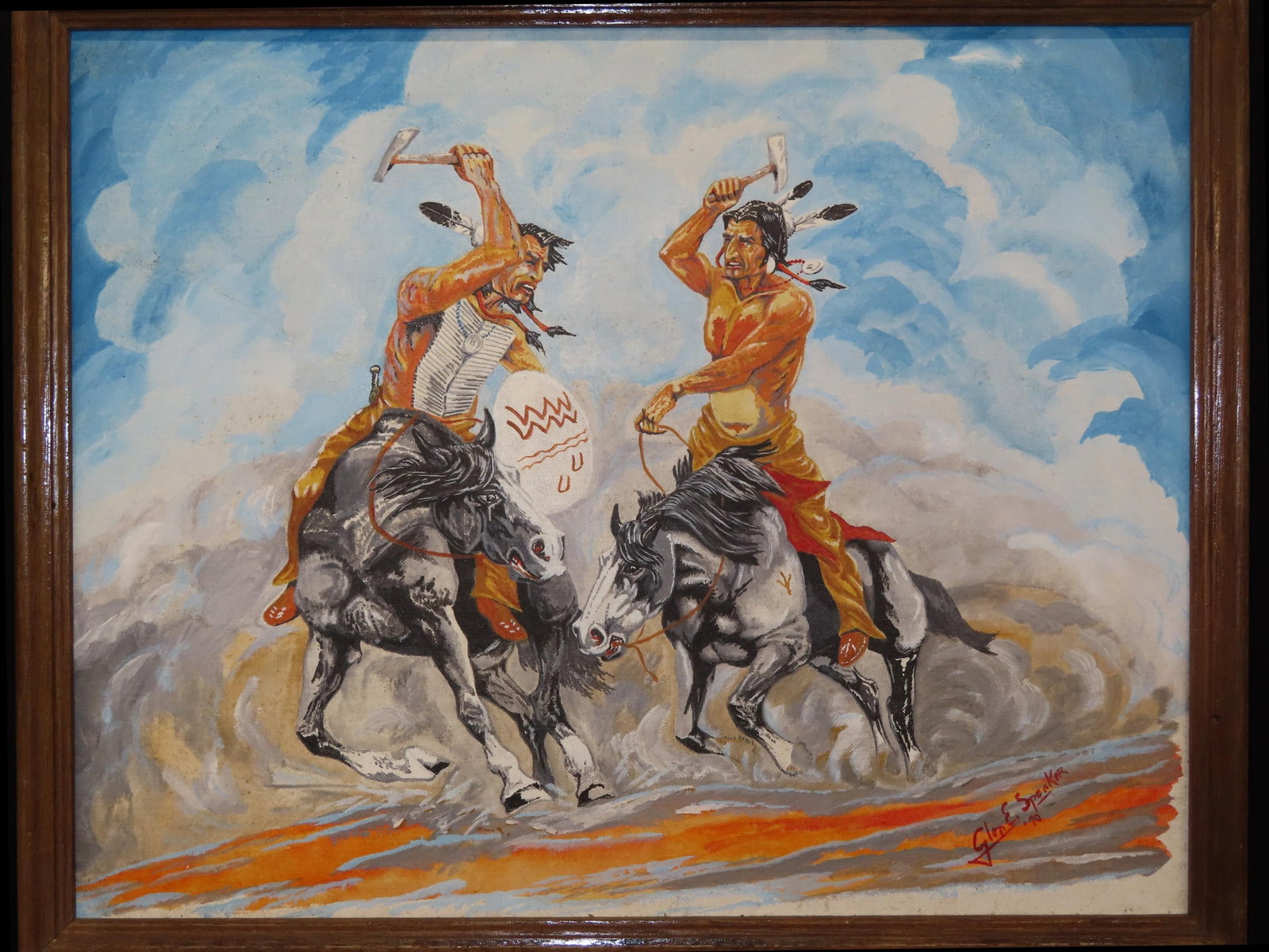 21" x 17" Framed Native American Horseback Battle Scene Painting, Signed Lower Right (1 of 7)