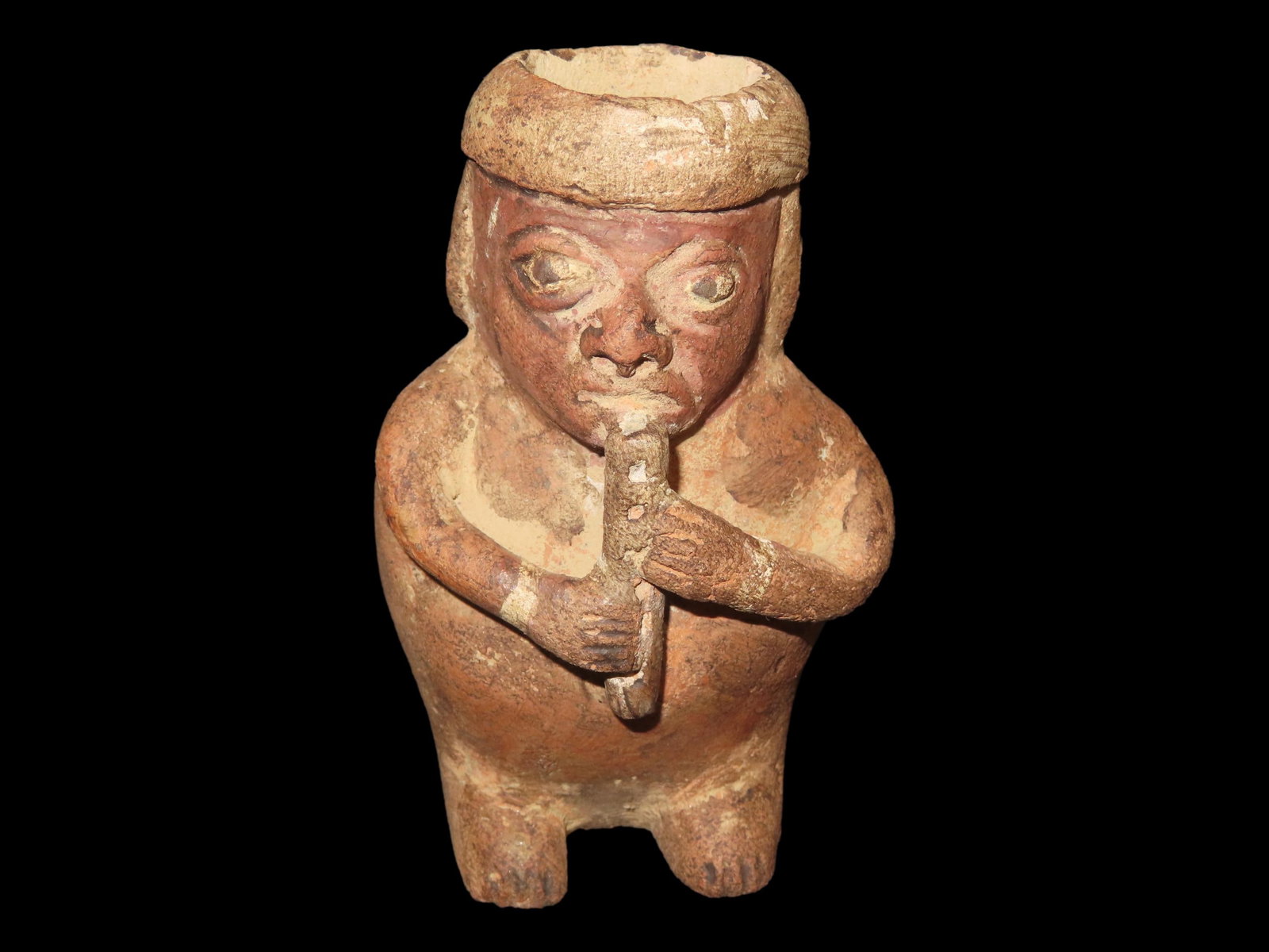 4 3/8" x 2 3/4" Pre-Columbian Sican Musical Figure Playing Instrument Effigy Pottery Bottle, (1 of 9)