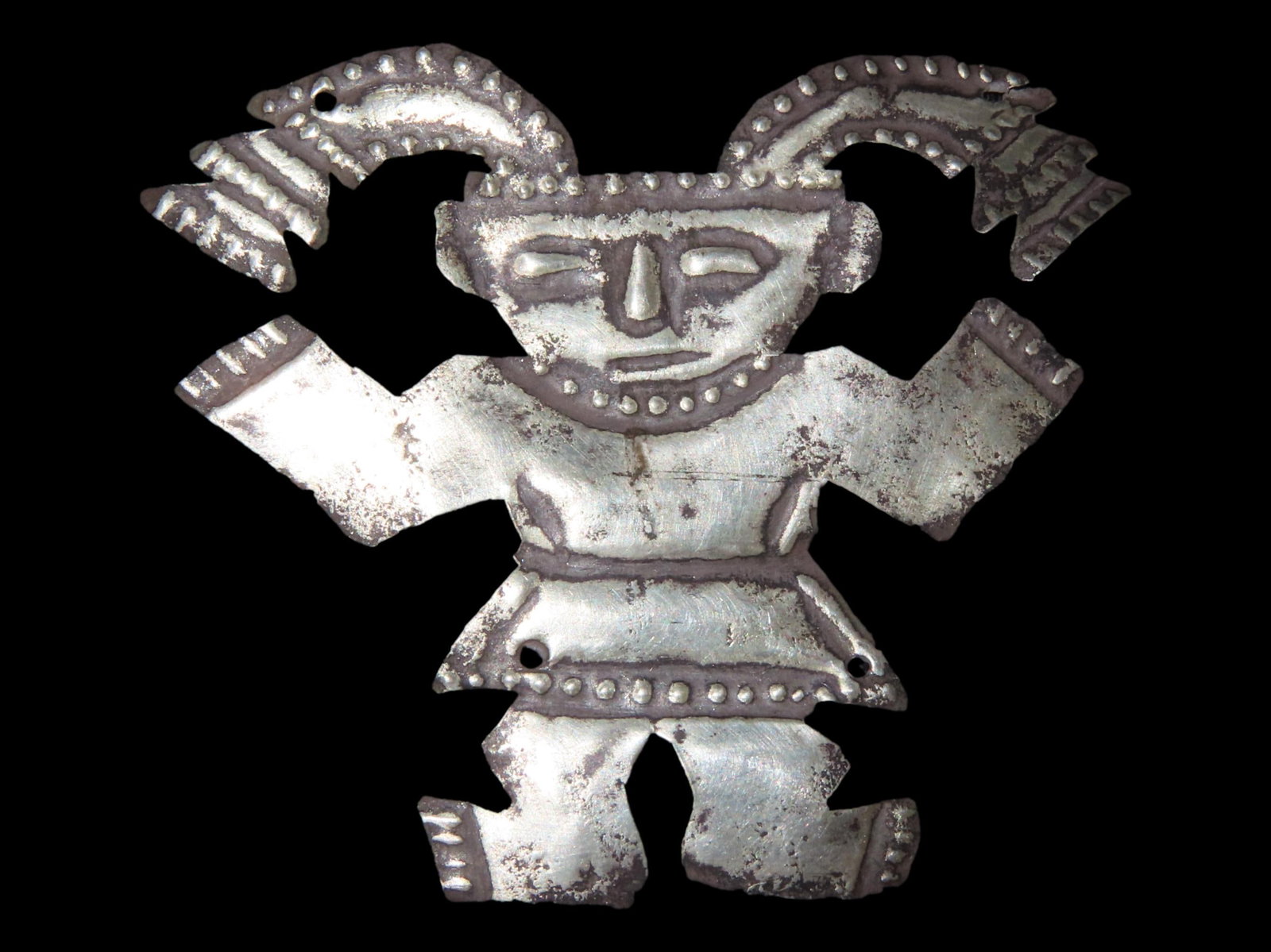 1 7/8" x 2 3/8" Pre-Columbian Silver Human Effigy Decoration, Found in Peru: 1 7/8" x 2 3/8" Pre-Columbian Silver Human Effigy Decoration, Found in Peru