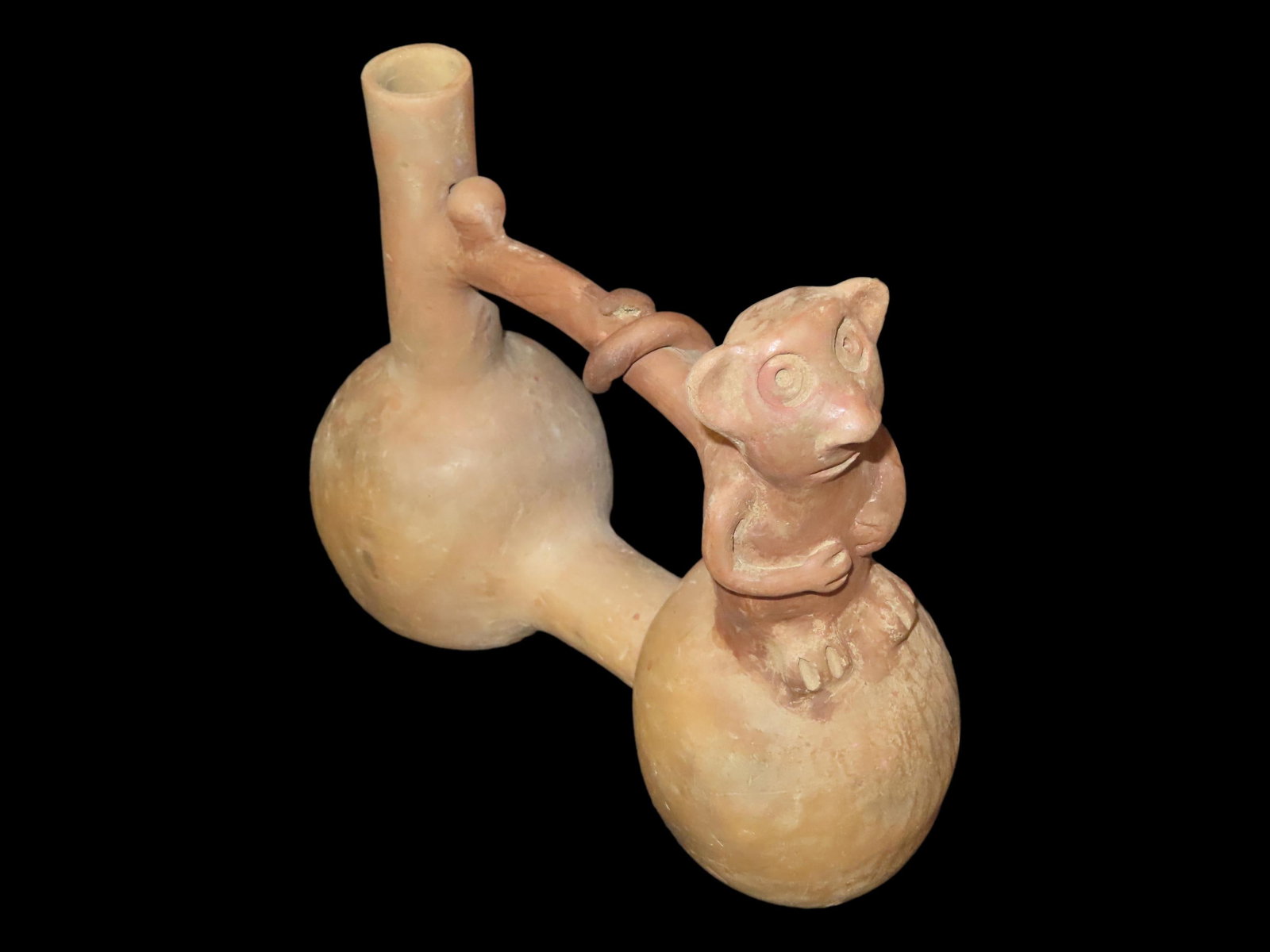 7 1/2" Pre-Columbian Stirrup Bottle, Peru, Restored Effigy and Top (1 of 11)