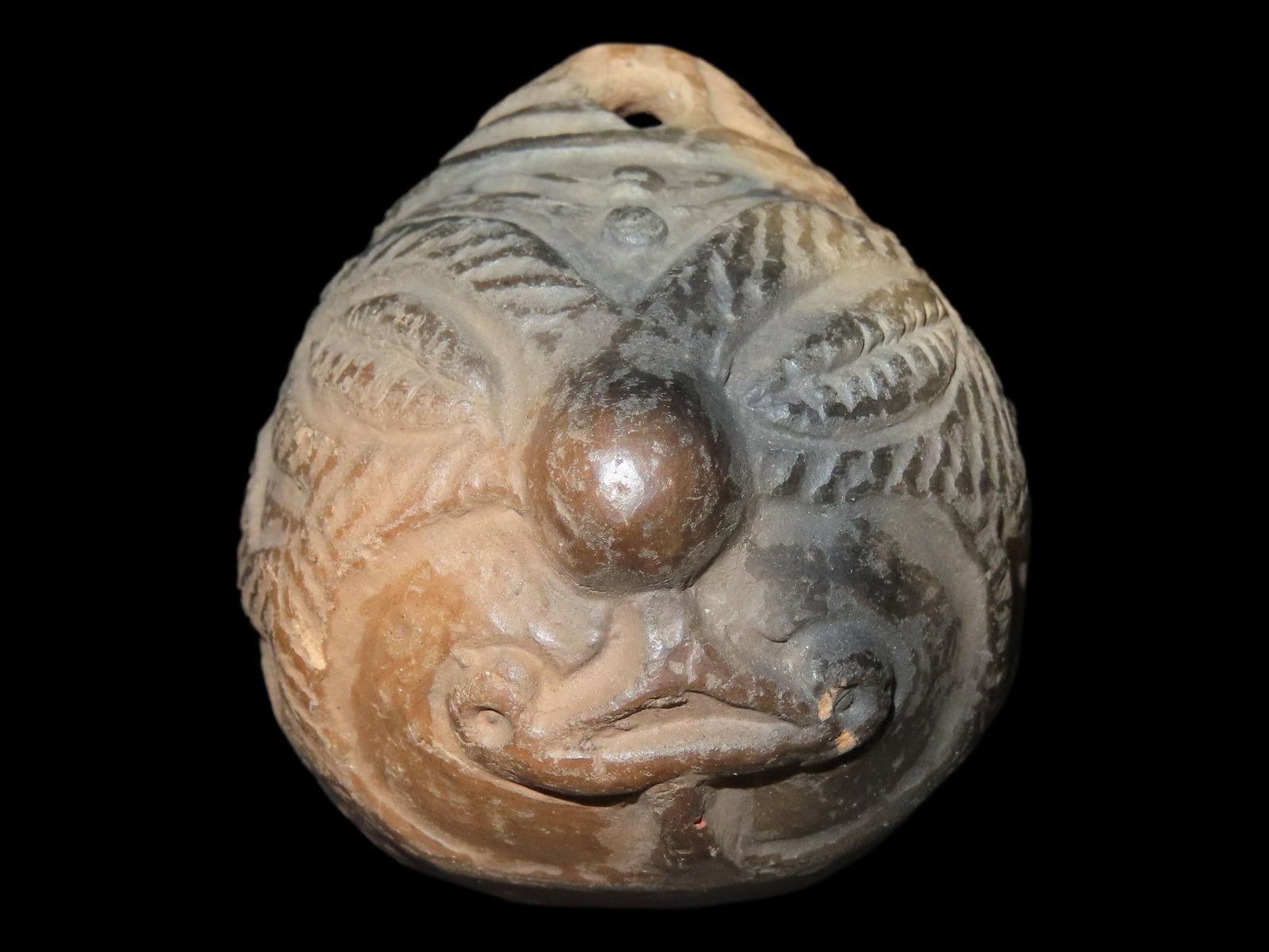 2 3/8" Highly Detailed Pre-Columbian Pottery Bell, South America: 2 3/8" Highly Detailed Pre-Columbian Pottery Bell, South America
