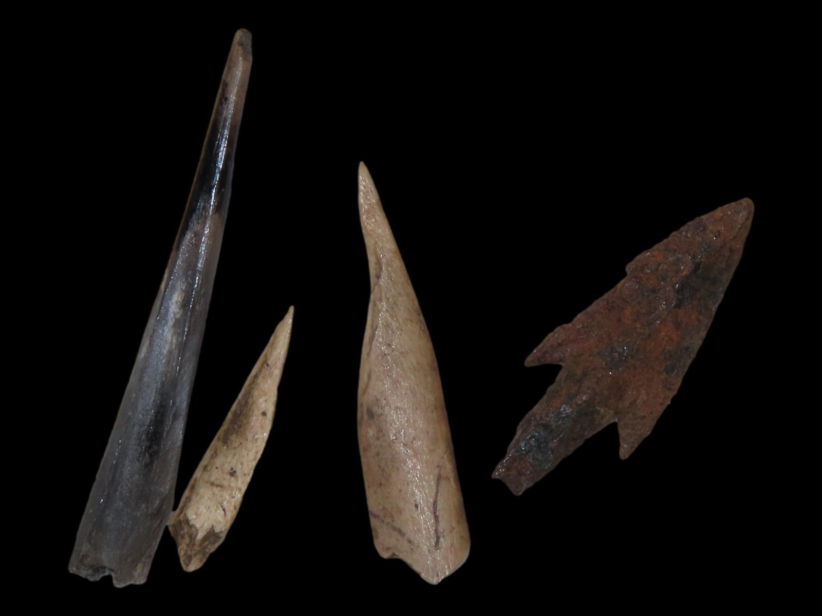 Lot of 3 Bone Awls and an Iron Arrowhead Tip (1 of 4)
