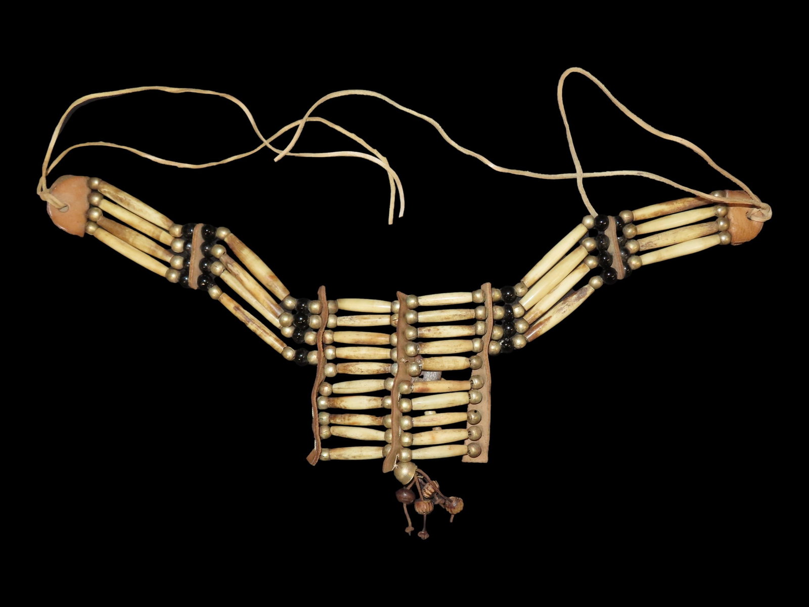 13 1/2" Native American Hair Pipe Choker, Leather, Brass and Glass Beads, Bone Pipe Beads (1 of 6)