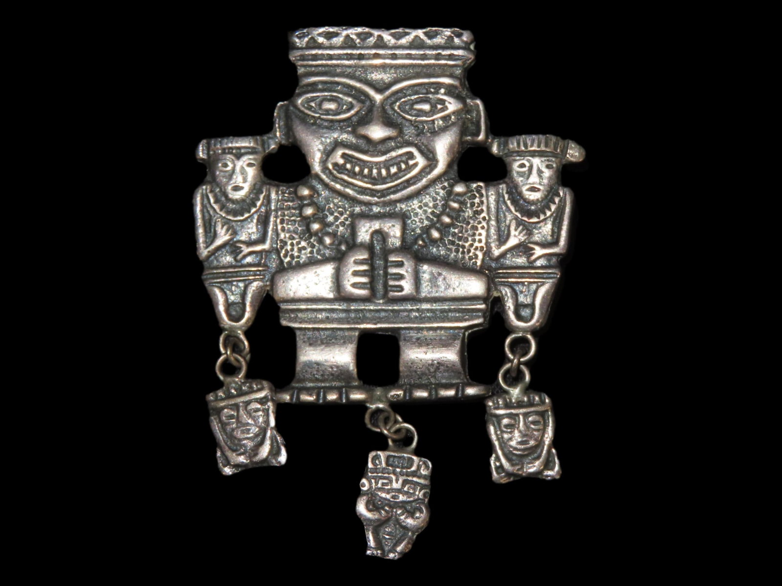 2 1/2" x 2" Old Silver Jewelry in Style of Inca/Mayan/Aztec, Stamped: 2 1/2" x 2" Old Silver Jewelry in Style of Inca/Mayan/Aztec, Stamped