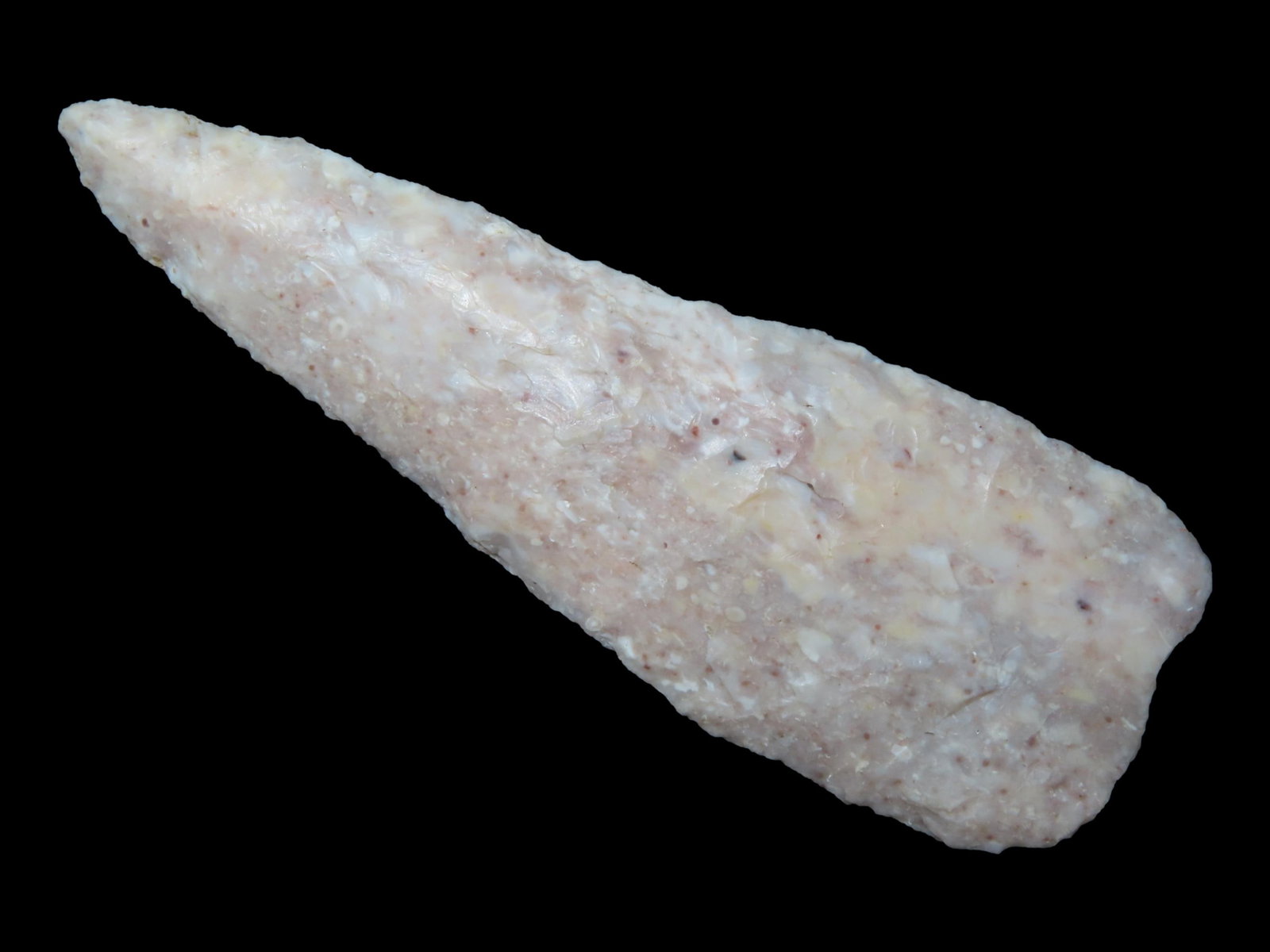 3 5/8?? Early Archaic Knife, Creek Stained Burlington Chert: 3 5/8” Early Archaic Knife, Creek Stained Burlington Chert