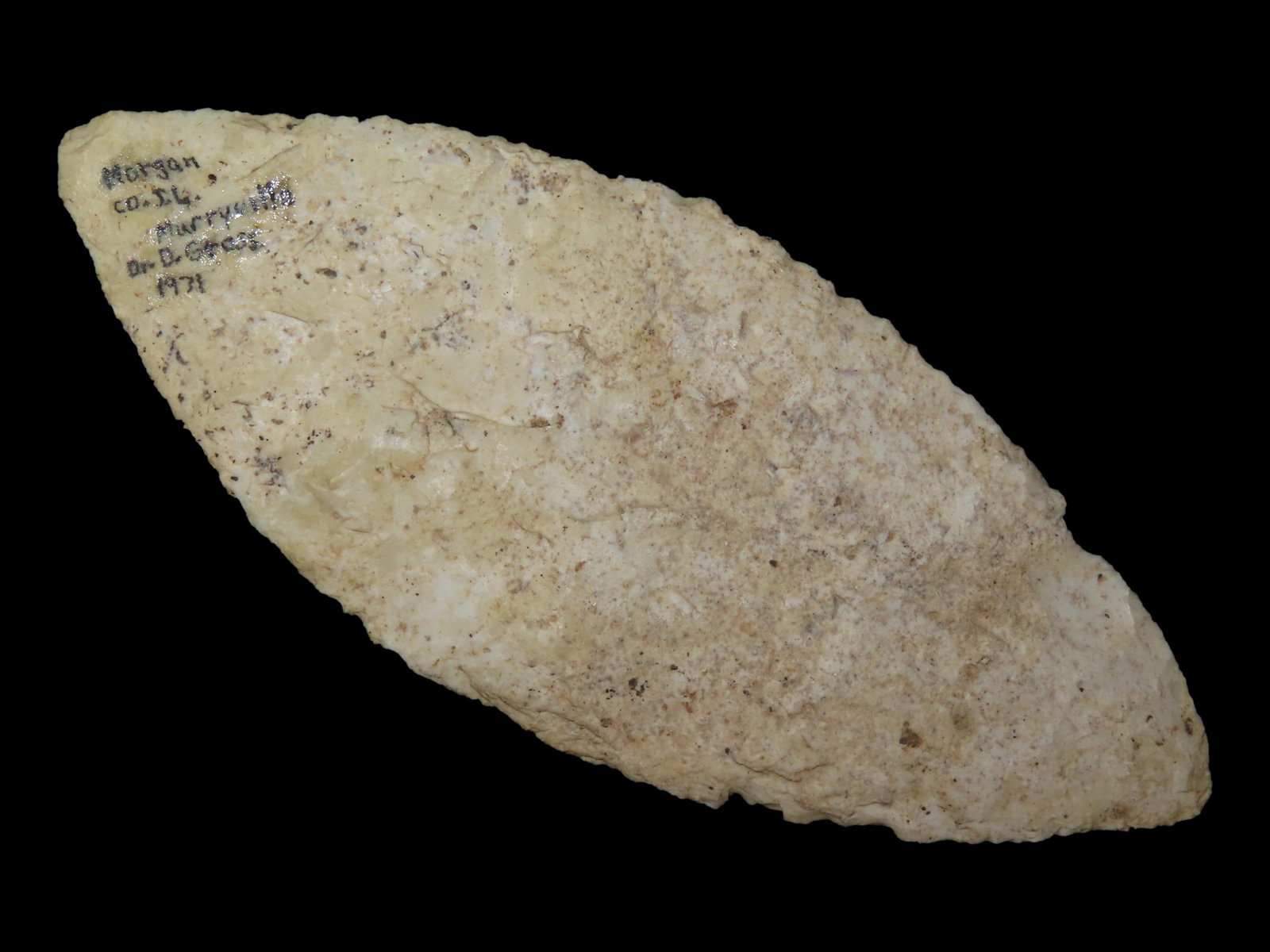5 7/8?? x 2 3/8?? Early Ovoid Knife, Burlington Chert, Morgan Co., Illinois, Ex. Dr. Dean Cross,: 5 7/8” x 2 3/8” Early Ovoid Knife, Burlington Chert, Morgan Co., Illinois, Ex. Dr. Dean Cross, Motley COA
