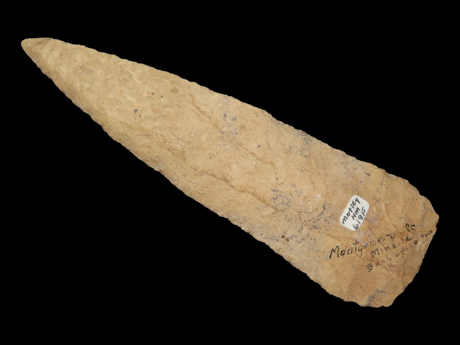 6 7/8?? x 2?? Cobbs Knife, Burlington Chert, Montgomery Co., Missouri, Found on the Loutre River: 6 7/8” x 2” Cobbs Knife, Burlington Chert, Montgomery Co., Missouri, Found on the Loutre River Near Mineola, Motley COA