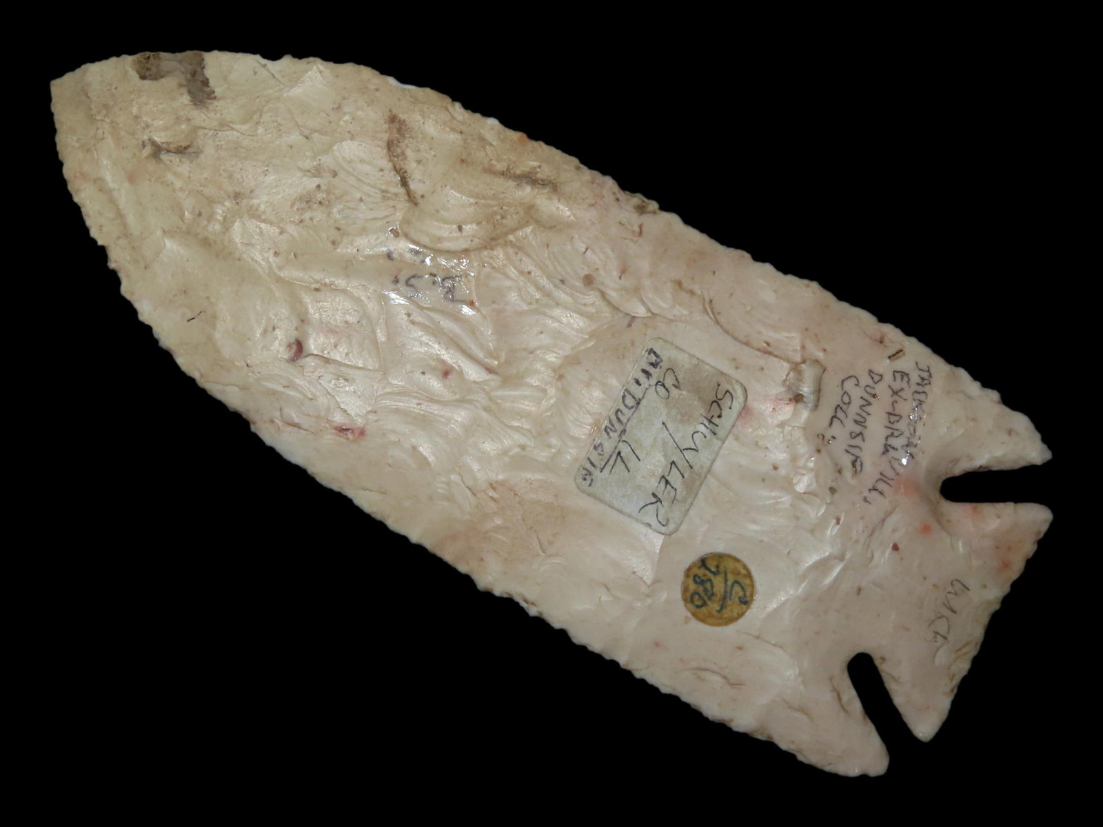 4 7/8?? x 1 15/16?? Pulaski, Heat Treated Burlington Chert, Schuyler Co., Illinois, Motley &: 4 7/8” x 1 15/16” Pulaski, Heat Treated Burlington Chert, Schuyler Co., Illinois, Motley & Leithoff COA, Ex Dr. Dunnsif who lived in Jacksonville IL