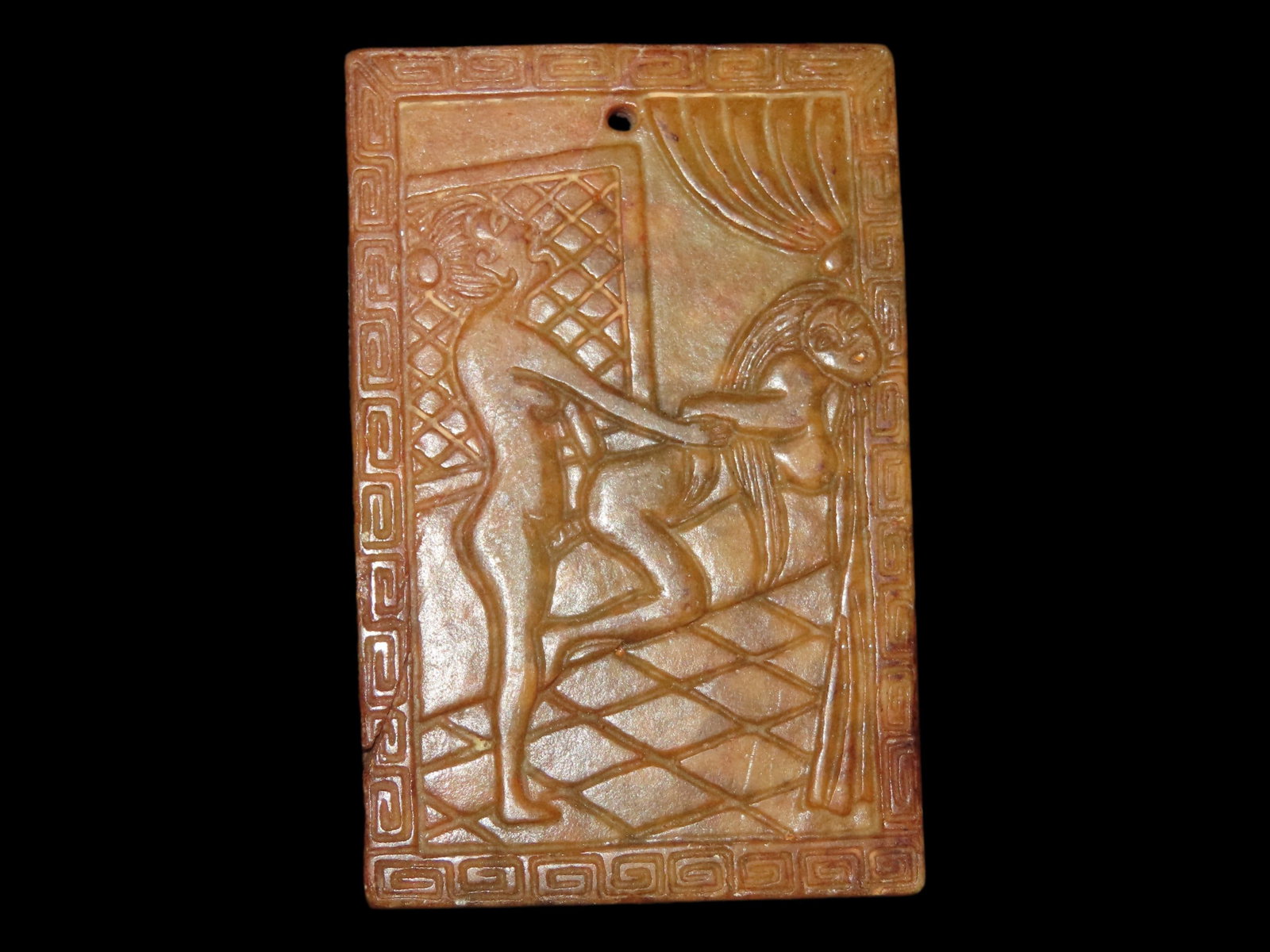 3 1/4?? x 2 1/8?? Chinese Hongshan Culture Erotic Scene Jade Tablet or Pendant: 3 1/4” x 2 1/8” Chinese Hongshan Culture Erotic Scene Jade Tablet or Pendant