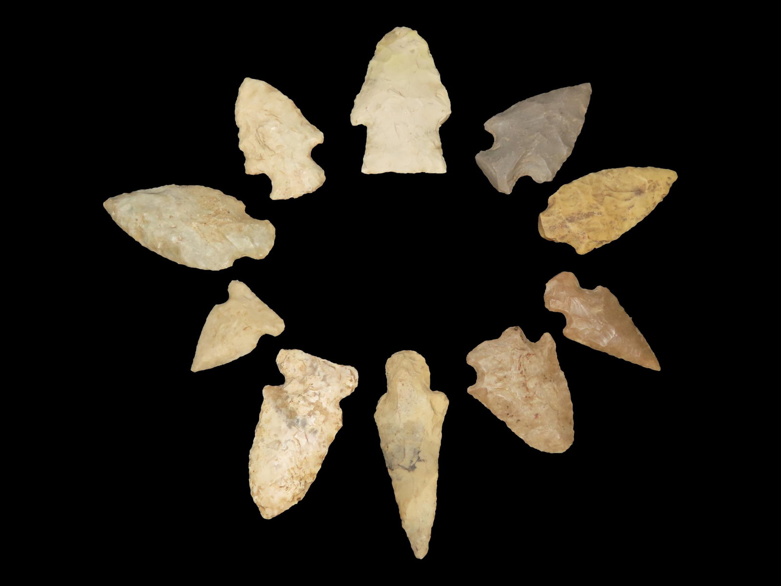 Grouping of 10 Arrowheads, Gogar, Adena, Etc. (1 of 2)