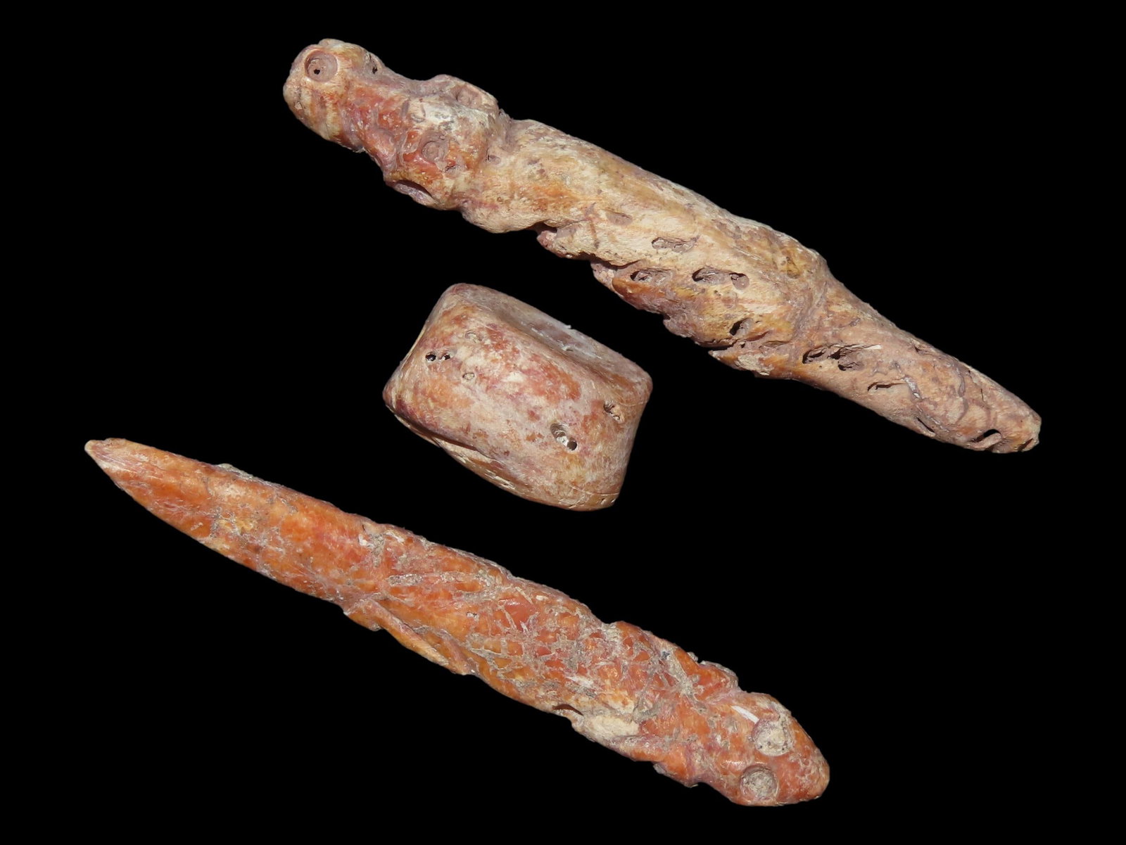 Lot of 3 Zoomorphic Effigy Shell Pendant/Beads, Larget Measures 3": Lot of 3 Zoomorphic Effigy Shell Pendant/Beads, Larget Measures 3"