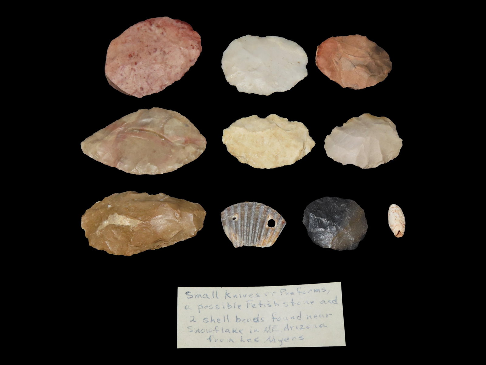 Lot of Knives, Preforms, Shell Beads and Fetish Stone from Snowflake in NE Arizona, Ex. Les Myers: Lot of Knives, Preforms, Shell Beads and Fetish Stone from Snowflake in NE Arizona, Ex. Les Myers