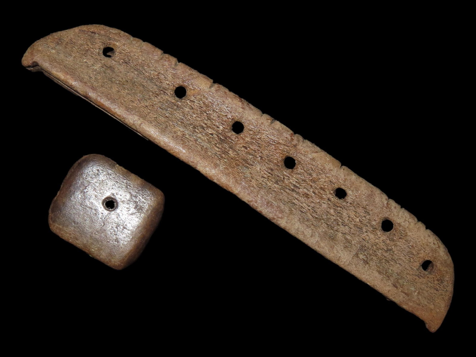 Lot of Two Eskimo Artifacts, One Round Dice and Bone Ulu Handle, Bering Sea, Alaska (1 of 8)