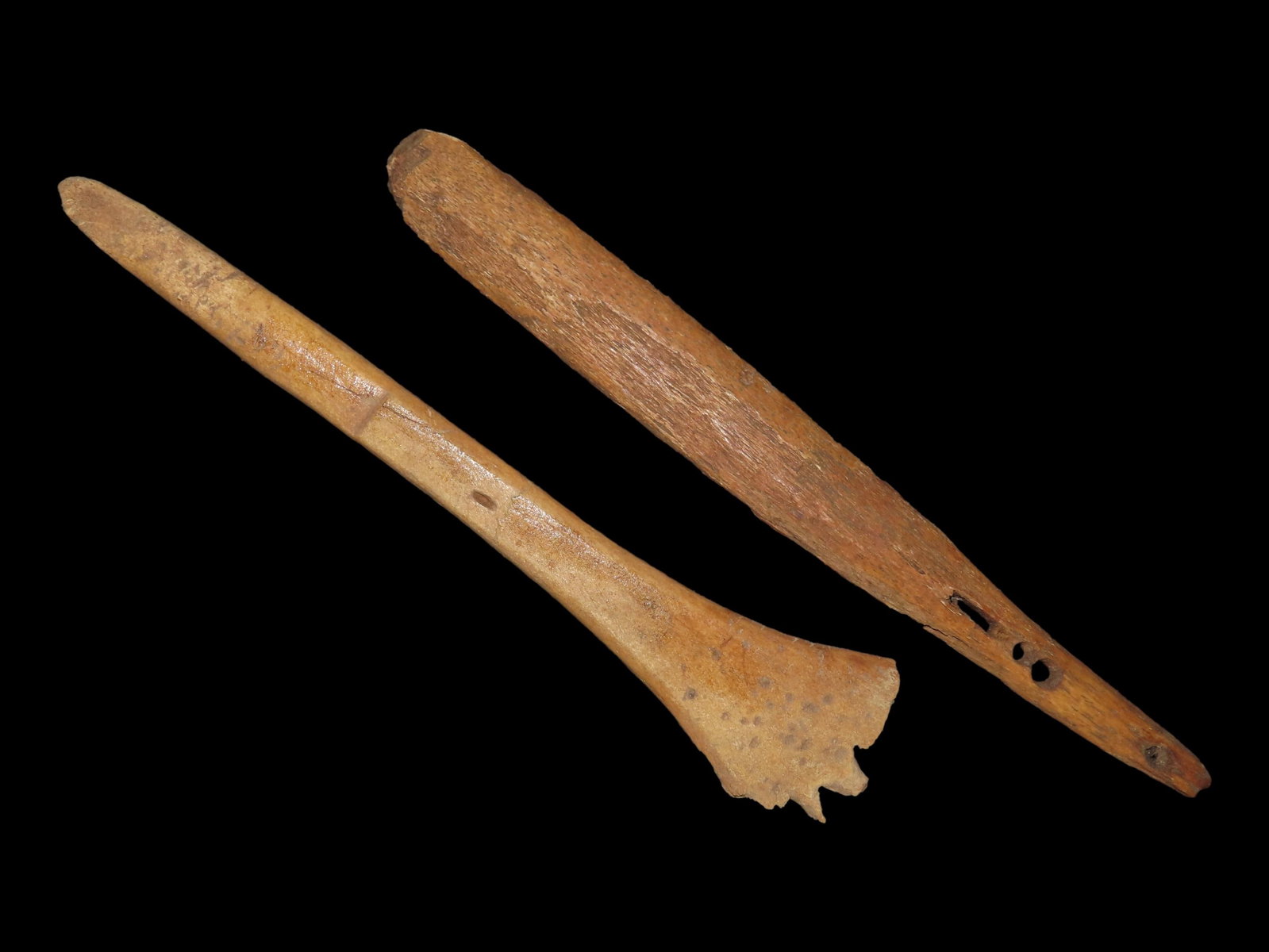 Lot of 2 Eskimo Artifacts, Leg Bone Fork with Broken Tangs and Bone Fleshing Tool, Bering Sea, (1 of 7)