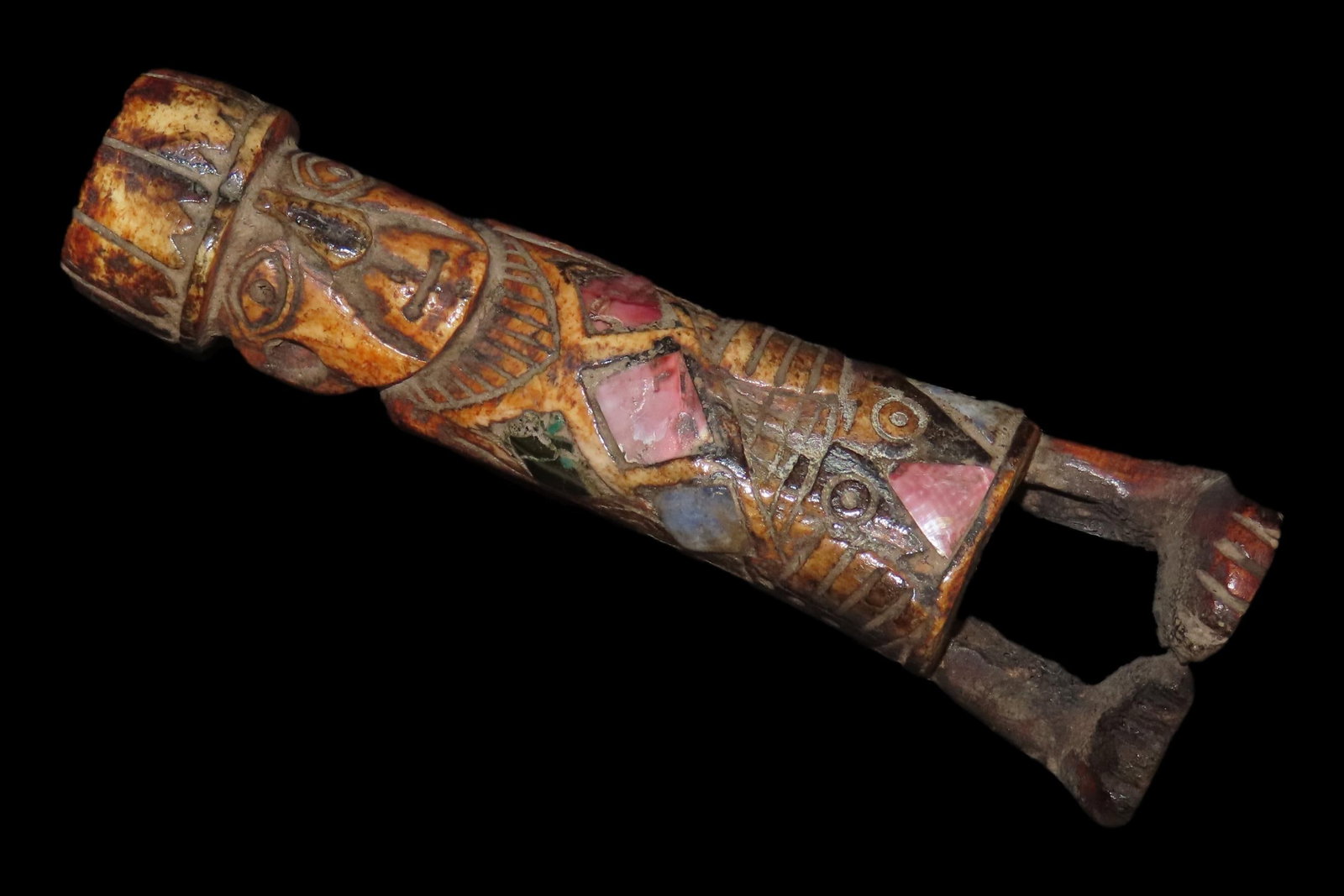 5 5/8" Bone Carving with Shell Inlays, Nasca Region, Peru; more likely Colonial rather than Pre-Colu (1 of 8)