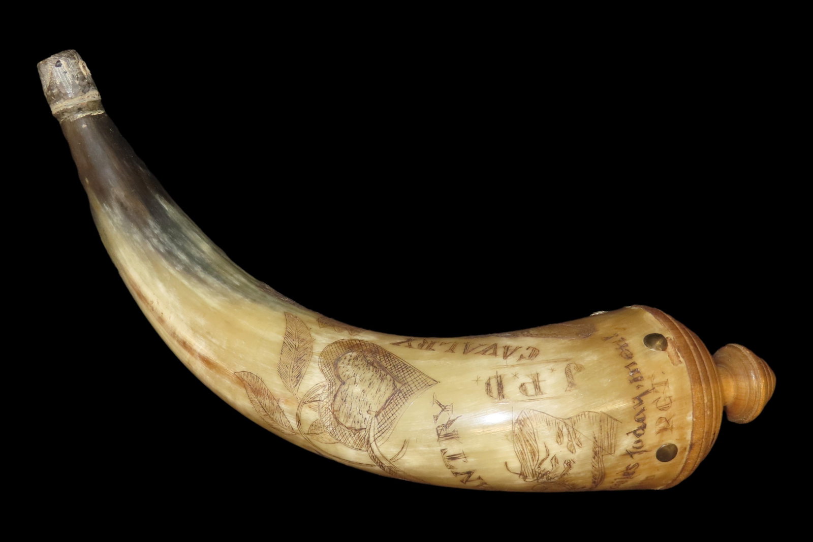 Incredible Engraved Civil War Era Powder Flask / Horn. Cannon, Trumpet, Horse,Initials JPD, 10th (1 of 14)