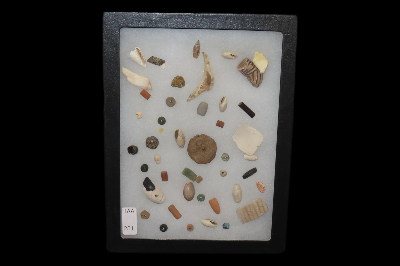 Amazing frame of Mimbres / Hohokam Drilled Stone, Clay, & Shell Beads, Pendants, & Gorgets. Part of (1 of 4)