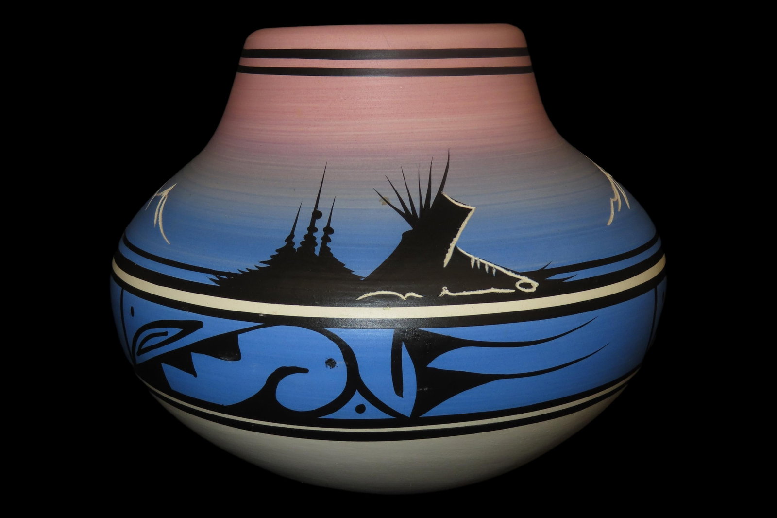 Beautiful Southwest Navajo Indians Pottery Vase / Jar / Bowl. Original Hand Painted Example. Signed: Beautiful Southwest Navajo Indians Pottery Vase / Jar / Bowl. Original Hand Painted Example. Signed on Bottom.