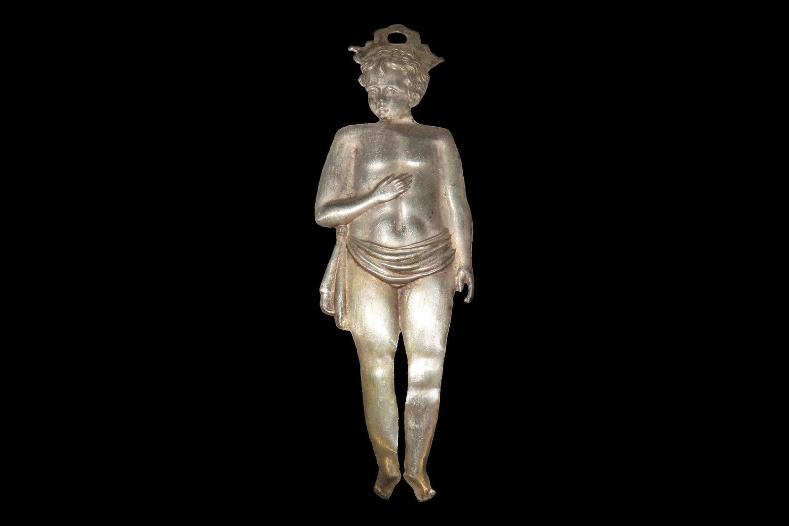 6 1/4" Vintage 1800's Ex Voto Milagro Pendant. Colonial Era Religeous Offerings for Well Being,: 6 1/4" Vintage 1800's Ex Voto Milagro Pendant. Colonial Era Religeous Offerings for Well Being, Healing, or Giving Thanks for a Miracle. This one is Silver Plated.