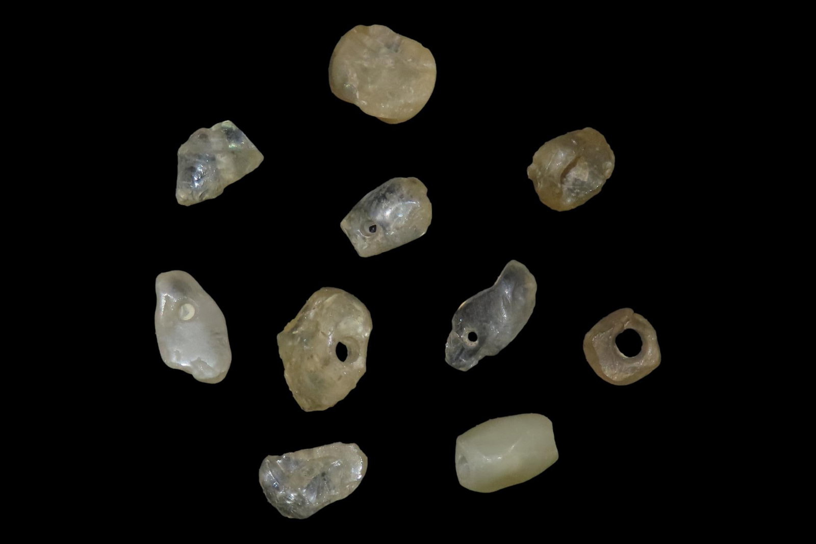 Lot of 10 Pre-Columbian Clear Crystal Quartz Drilled Beads from South America. I can't imagine the: Lot of 10 Pre-Columbian Clear Crystal Quartz Drilled Beads from South America. I can't imagine the time & Patience to make just one, much less 10 or a whole necklace full in primitive times!