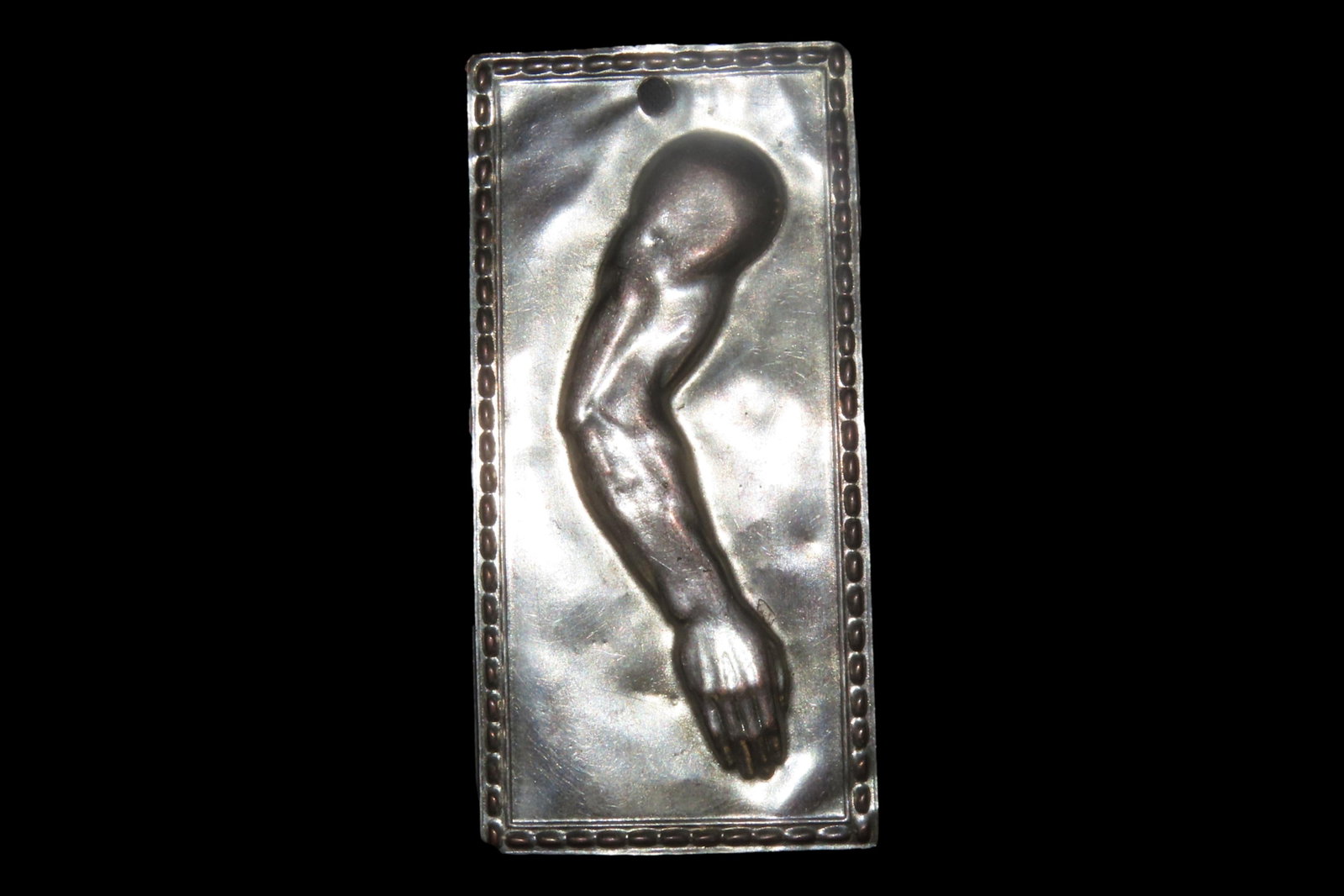 3 1/4" Vintage 1800's Ex Voto Milagro Pendant. Colonial Era Religeous Offerings for Well Being,: 3 1/4" Vintage 1800's Ex Voto Milagro Pendant. Colonial Era Religeous Offerings for Well Being, Healing, or Giving Thanks for a Miracle. This one is Silver Plated.