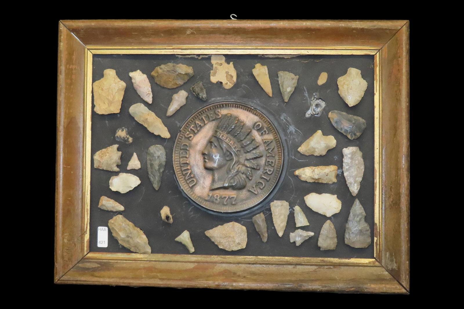 17" x 13" Wood Frame with Arrowheads & Oversized 1877 Indian Head Penny. Out of an old Indiana (1 of 8)