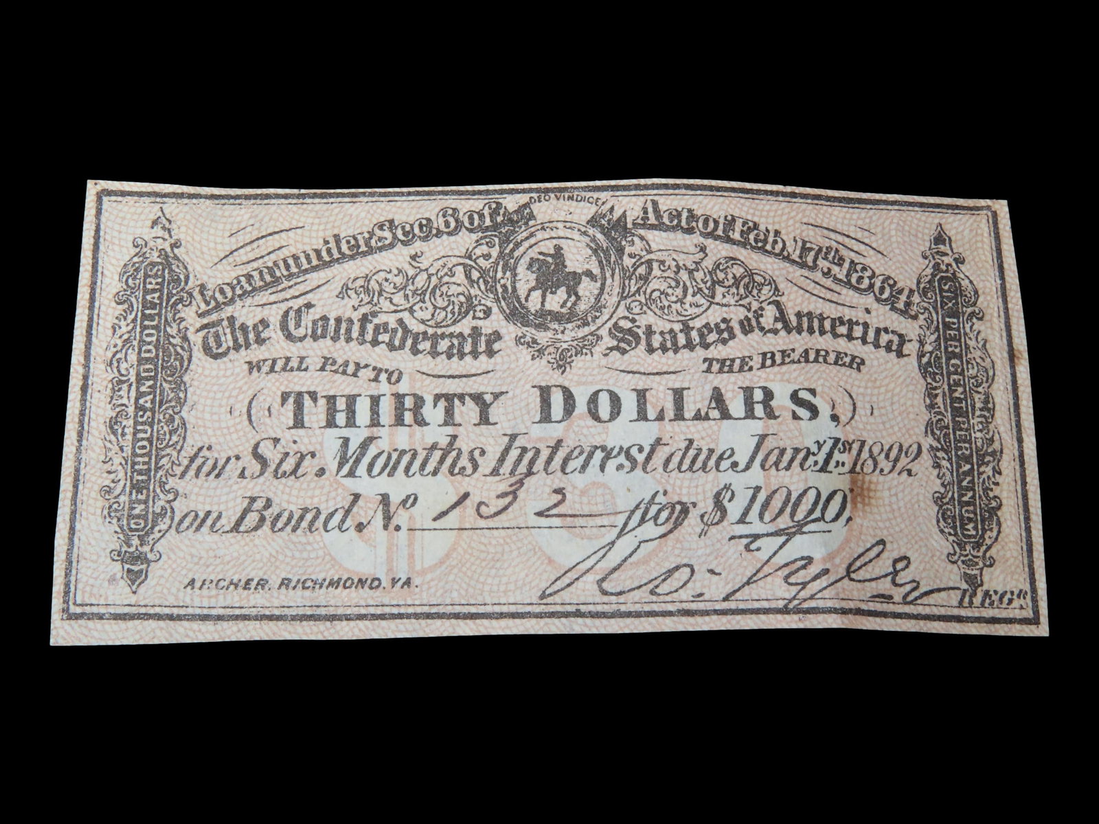 Civil War Confederate States $30 Bond Note, Dated Feb. 17th, 1864. Original Hand Signed Document (1 of 4)
