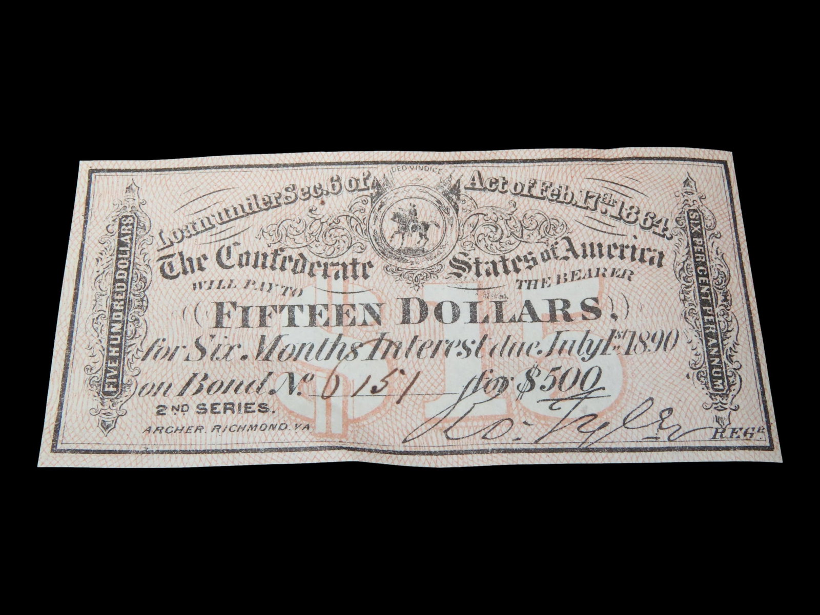 Civil War Confederate States $15 Bond Note, Dated Feb. 17th, 1864. Original Hand Signed Document (1 of 4)