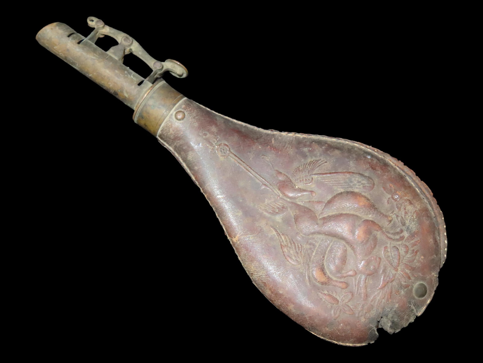 Nice Civil War Era Powder Flask, Nicely Decorated. Very Elaborate Design, Great Age & patina. (1 of 6)