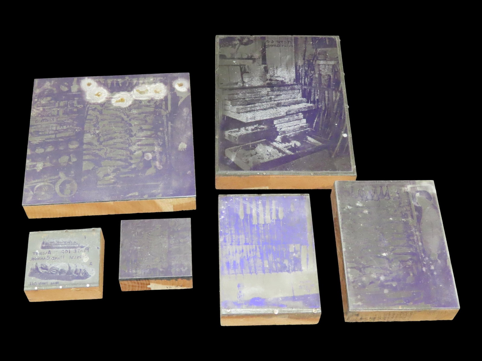 Lot of 6 Antique Printing Plates with Guns, Rifles, Army, Navy, etc. Used in Rev. Heike's Book on: Lot of 6 Antique Printing Plates with Guns, Rifles, Army, Navy, etc. Used in Rev. Heike's Book on guns.