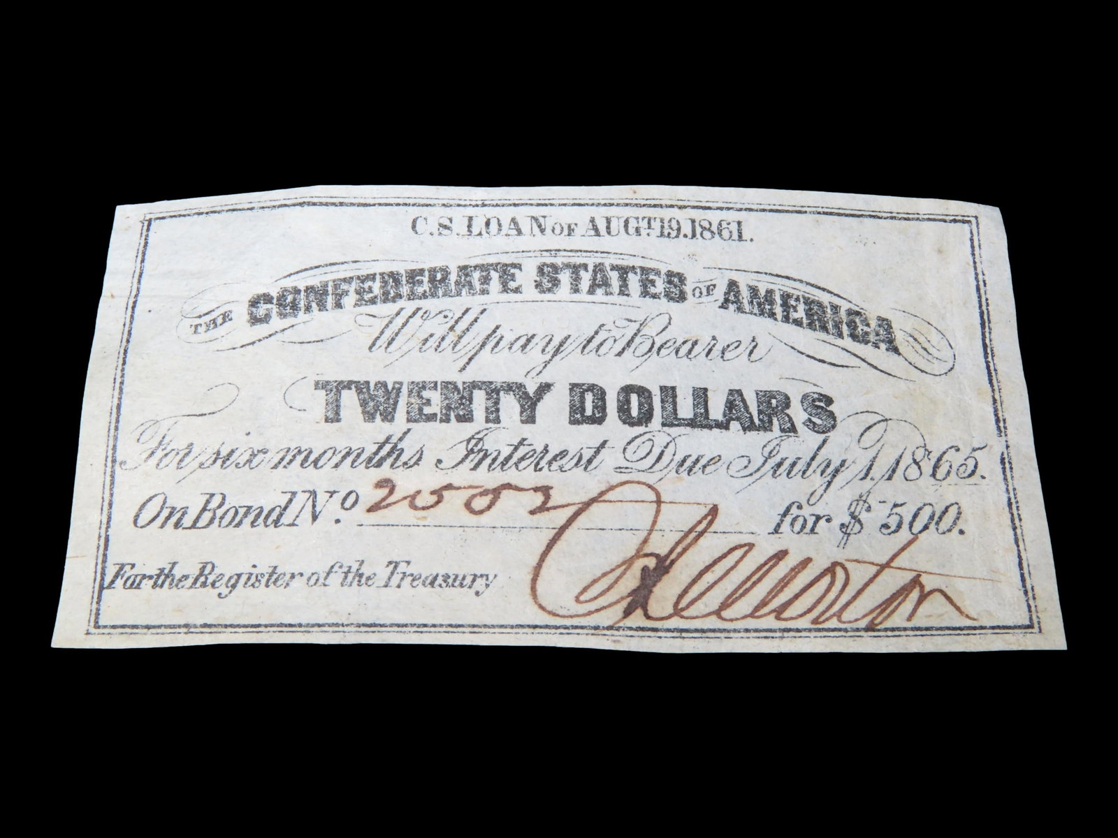 Civil War Confederate States $20 Bond Note, Dated August 19th, 1861. Original Hand Signed Document: Civil War Confederate States $20 Bond Note, Dated August 19th, 1861. Original Hand Signed Document from the Time Period. Great Piece of American History