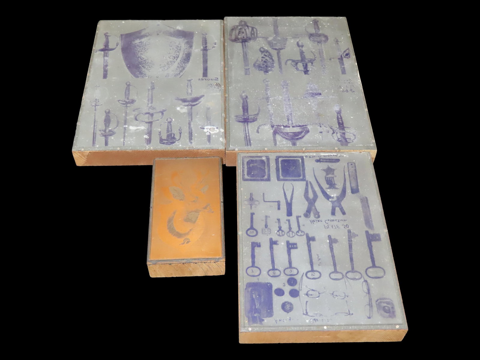 Lot of 4 Antique Printing Plates with Swords, Shields, Bullet Molds, Skeleton Keys, Army, Navy,: Lot of 4 Antique Printing Plates with Swords, Shields, Bullet Molds, Skeleton Keys, Army, Navy, Tools, etc. Used in Rev. Heike's Book on guns. Includes a Copper Print Plate of a Wall mounted Buck.