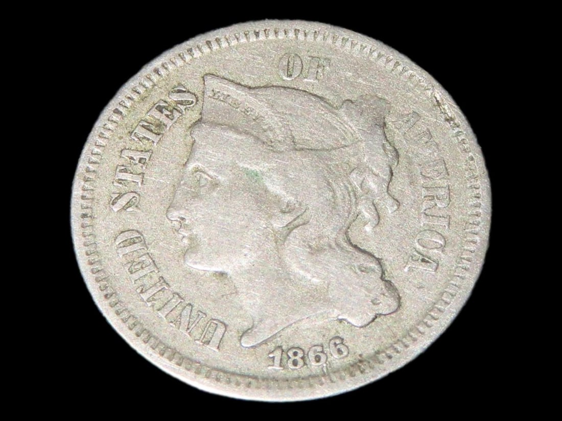 1866 Three Cent Coin, Better Condition, Nice Original Details, Early Obsolete U.S. Coins, United: 1866 Three Cent Coin, Better Condition, Nice Original Details, Early Obsolete U.S. Coins, United States Currency