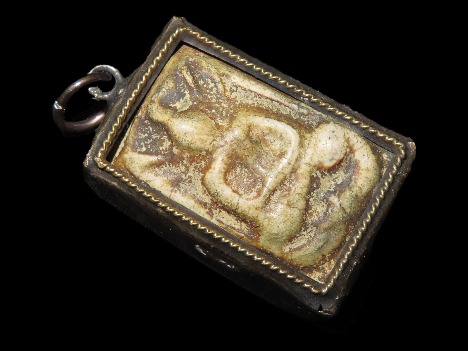 Antique Chinese Carved Stone Religious Buddha Pendant, Wrapped in Bronze Bezel, Great Vintage Piece: Antique Chinese Carved Stone Religious Buddha Pendant, Wrapped in Bronze Bezel, Great Vintage Piece of Jewelry