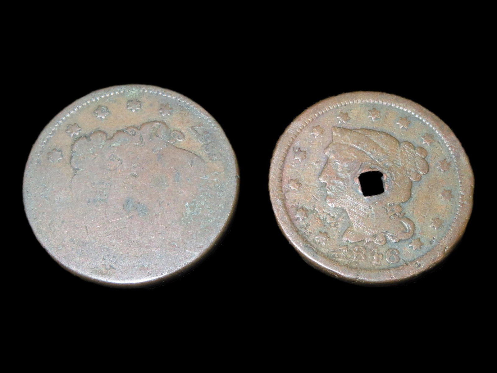 Pair of U.S. Large Cents, 1846 & 1837. Two different styles of early coinage, both with some damage. (1 of 4)