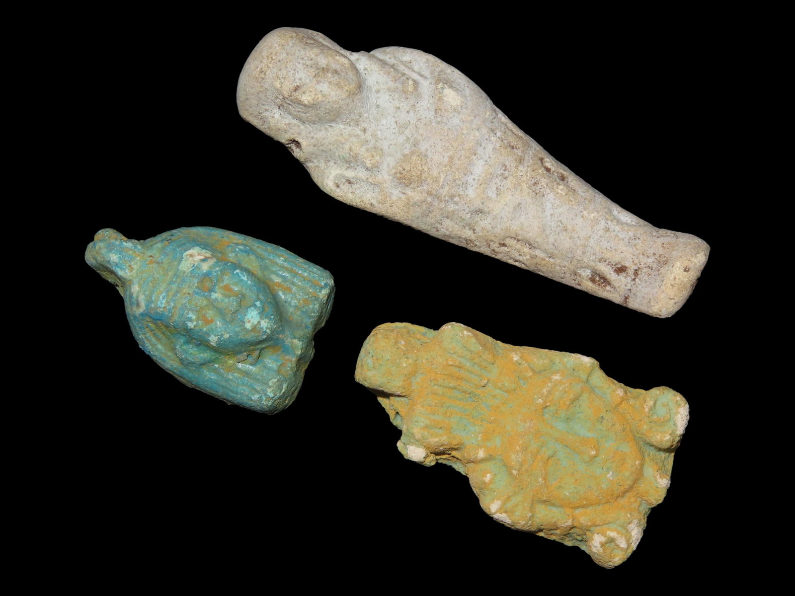 Lot of 3 Egyptian Pharoh Effigy Pendants, Ushtabi / Shabti 1085-730 BC, Faience, Nice Examples with: Lot of 3 Egyptian Pharoh Effigy Pendants, Ushtabi / Shabti 1085-730 BC, Faience, Nice Examples with nice Original Paint & Great Patina