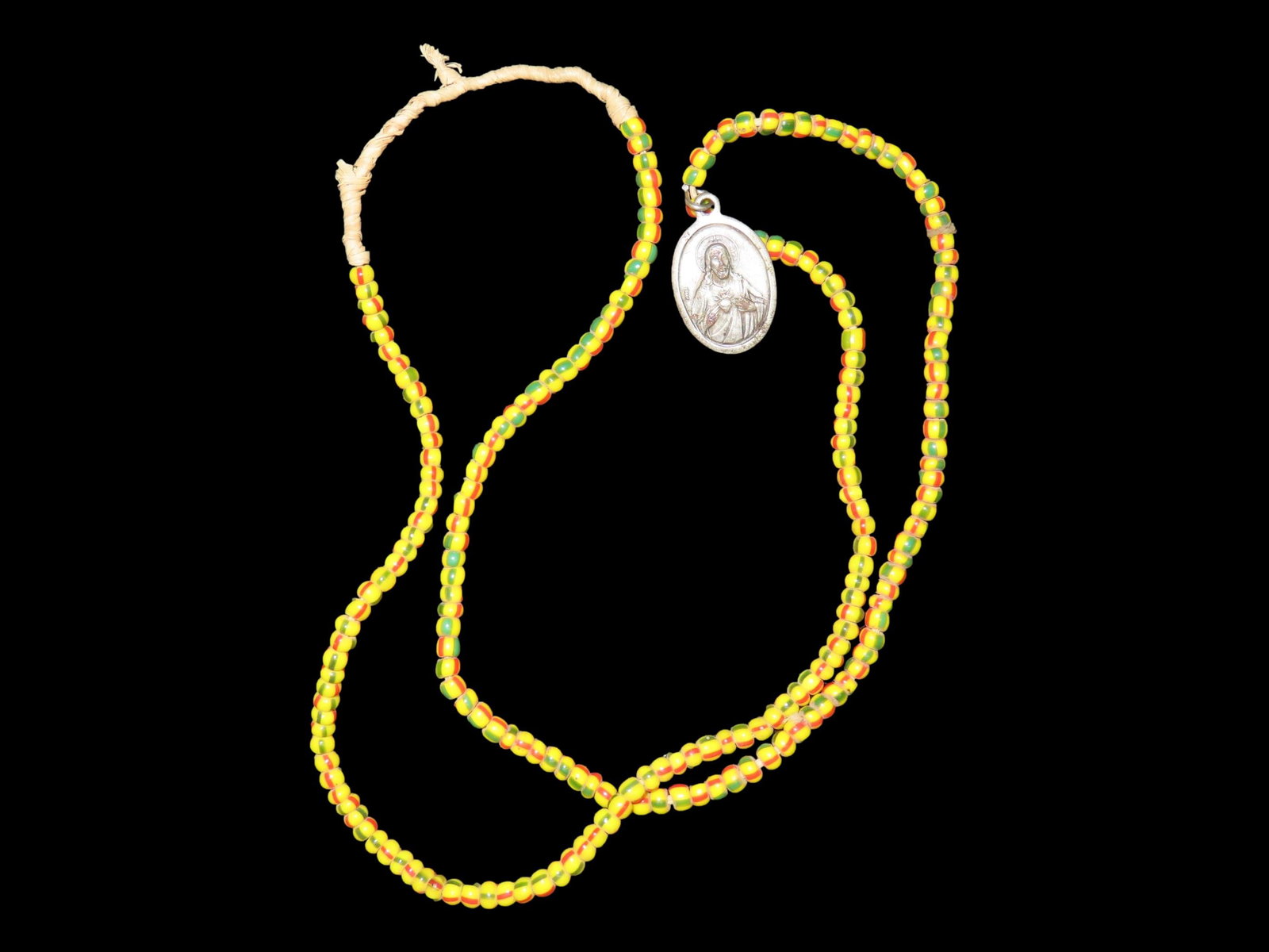 Old Glass Trade Bead Necklace with Religeous Medal Pendant, Great Example with Nice Patina (1 of 5)