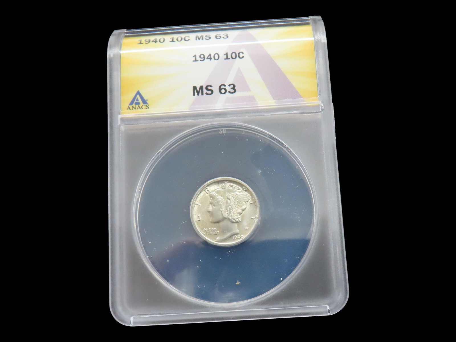 HIGH GRADE 1940 Mercury Dime, ANACS MS-63, Professionally Slabbed & Graded, Amazing Brilliant: HIGH GRADE 1940 Mercury Dime, ANACS MS-63, Professionally Slabbed & Graded, Amazing Brilliant Uncirculated Condition, Early U.S. Silver Coin.