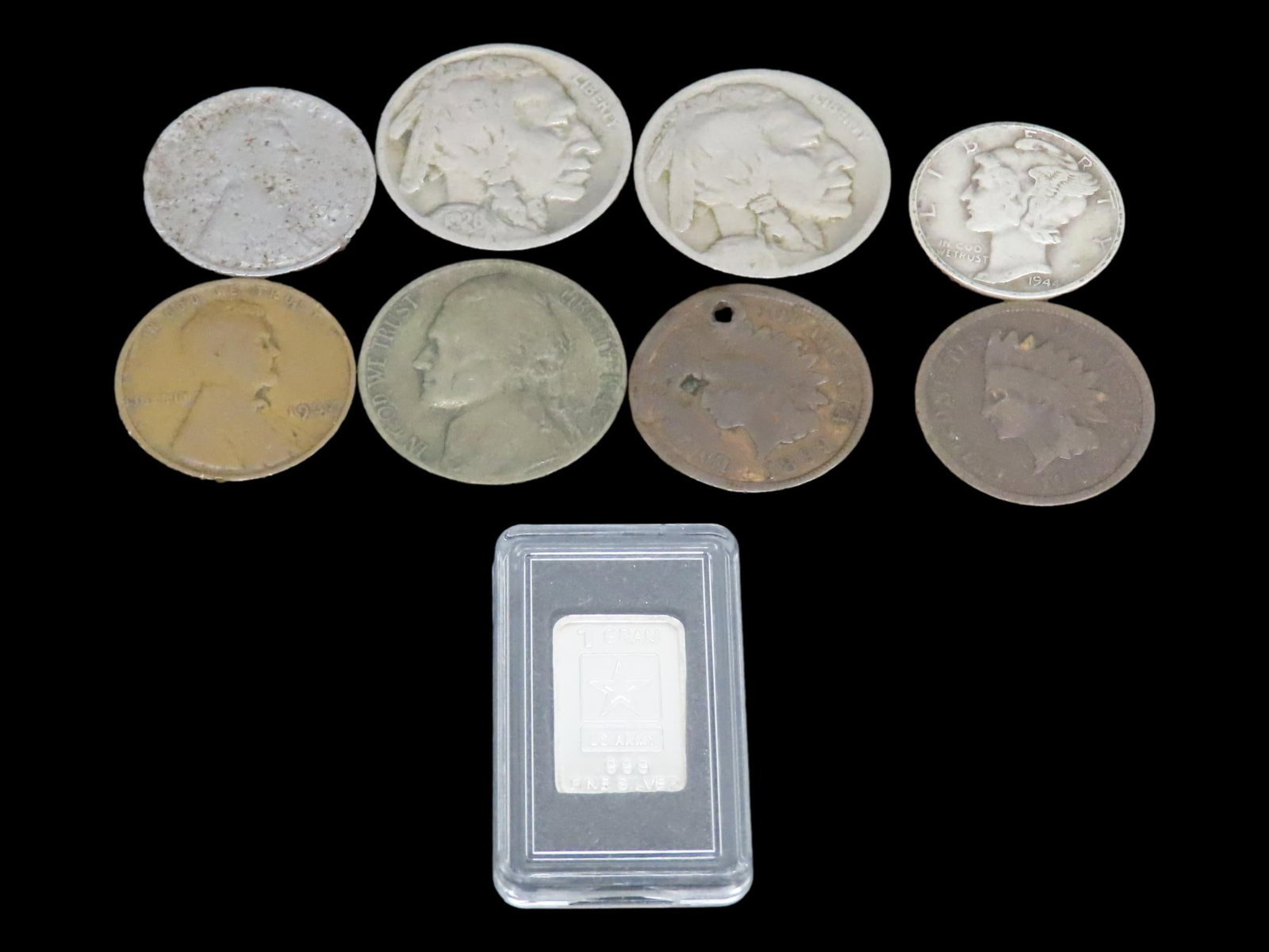 U.S. Coin Lot, Indian Head Pennies, Mercury Dime, Buffalo Nickels, Silver Wartime Nickel, Steel: U.S. Coin Lot, Indian Head Pennies, Mercury Dime, Buffalo Nickels, Silver Wartime Nickel, Steel Wheat Cent, 1 Gram Silver Bar. Nice group of coins.