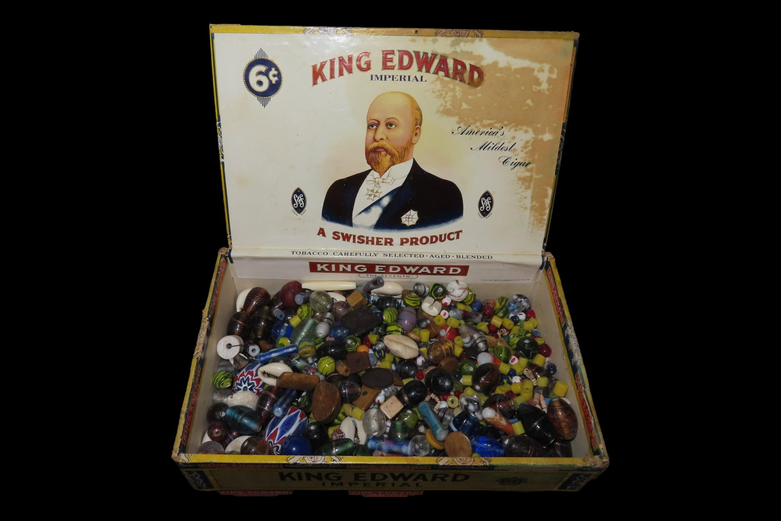 Old Cigar Box FULL of 1000's of Colorful Glass Trade Beads (1 of 4)