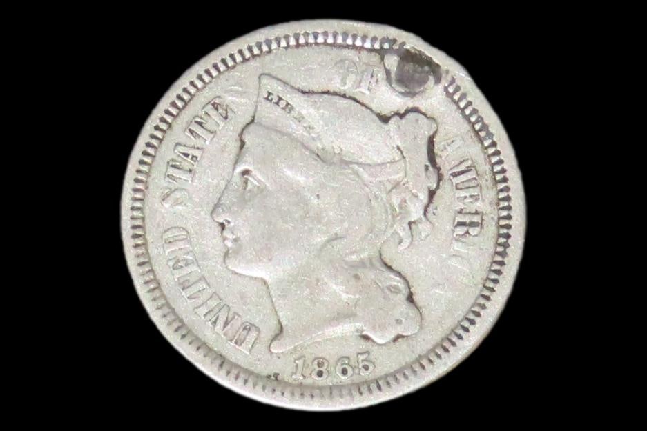 1865 Civil War Era 3 Cent Nickel, Three Cent Piece. Old Obsoloete U.S. Coin. Holed. (1 of 3)