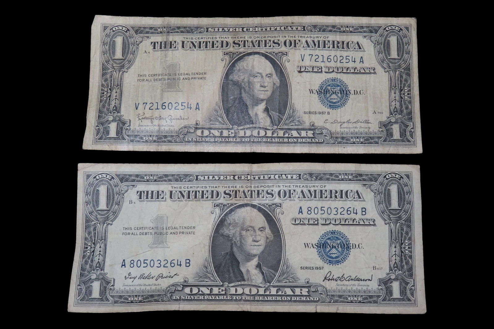 Pair of 1957 Blue Seal Silver Certificates, Great Condition, United States Currency, One Dollar, (1 of 3)